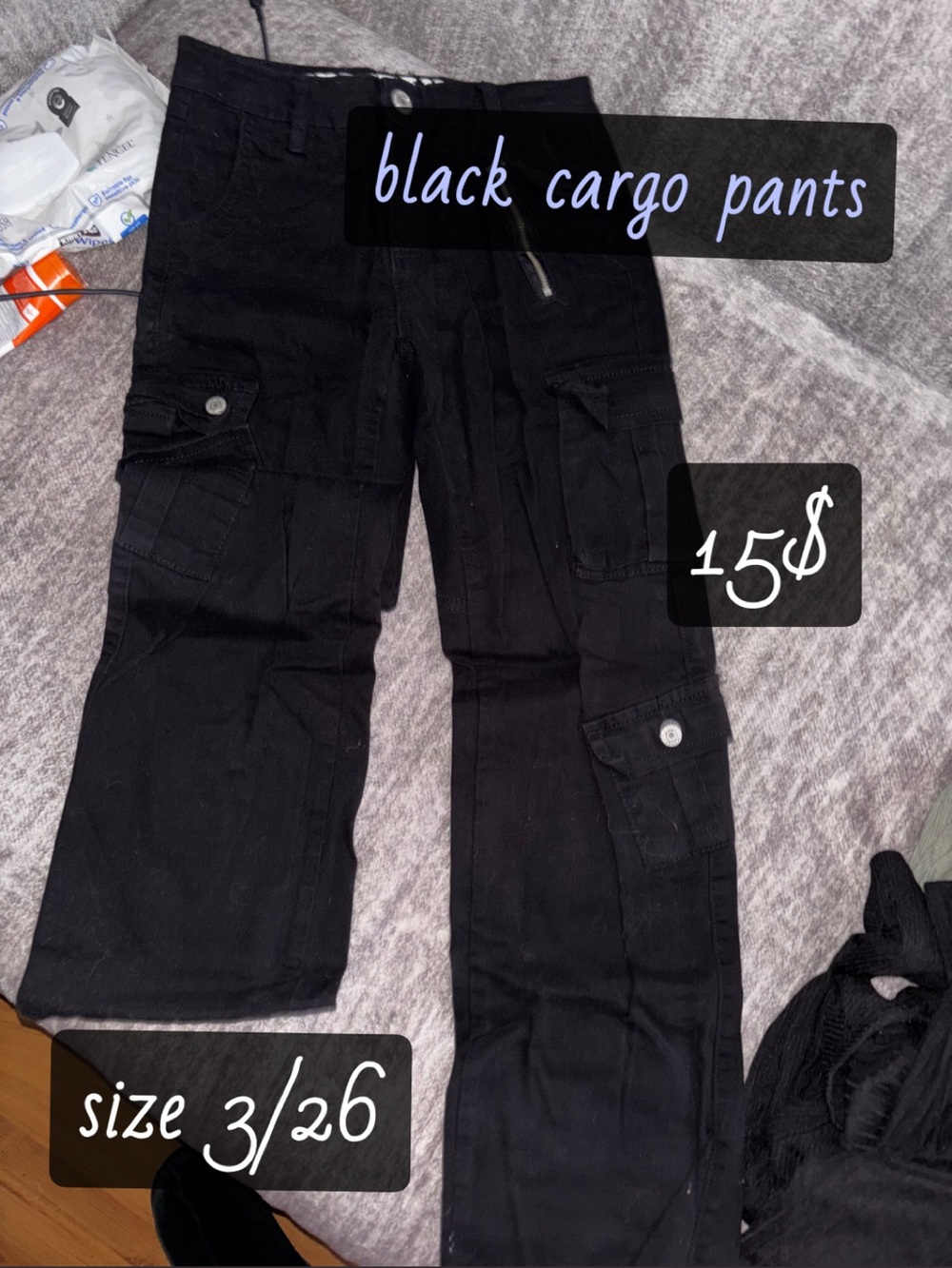 Wide Leg Black Cargo Pants - Size 3/26